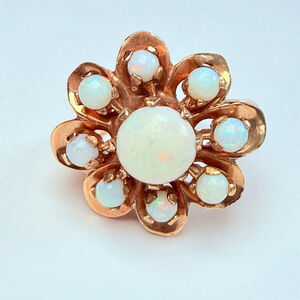 Estate 14K Solid Yellow Gold Australian Opal Vintage Atomic Retro Cocktail Ring